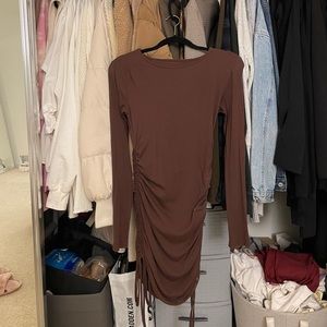 Amazon Brown Ribbed Ruched Long Sleeve Bodycon Dress